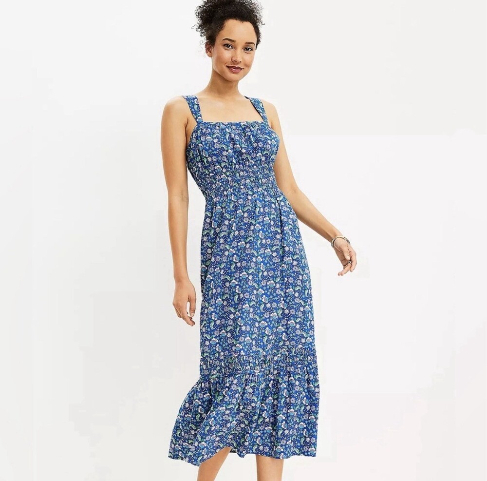 LOFT Women's Blue Floral Sleeveless Ruffle Midi Sundress Size L